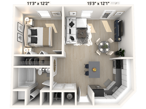 Floor plan for 1 bed, 1 bath, 634 sqft